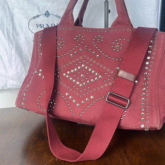 PRADA burgundy tote denim material. Strap for crossbody. Silver studs. - Picture 10 of 12